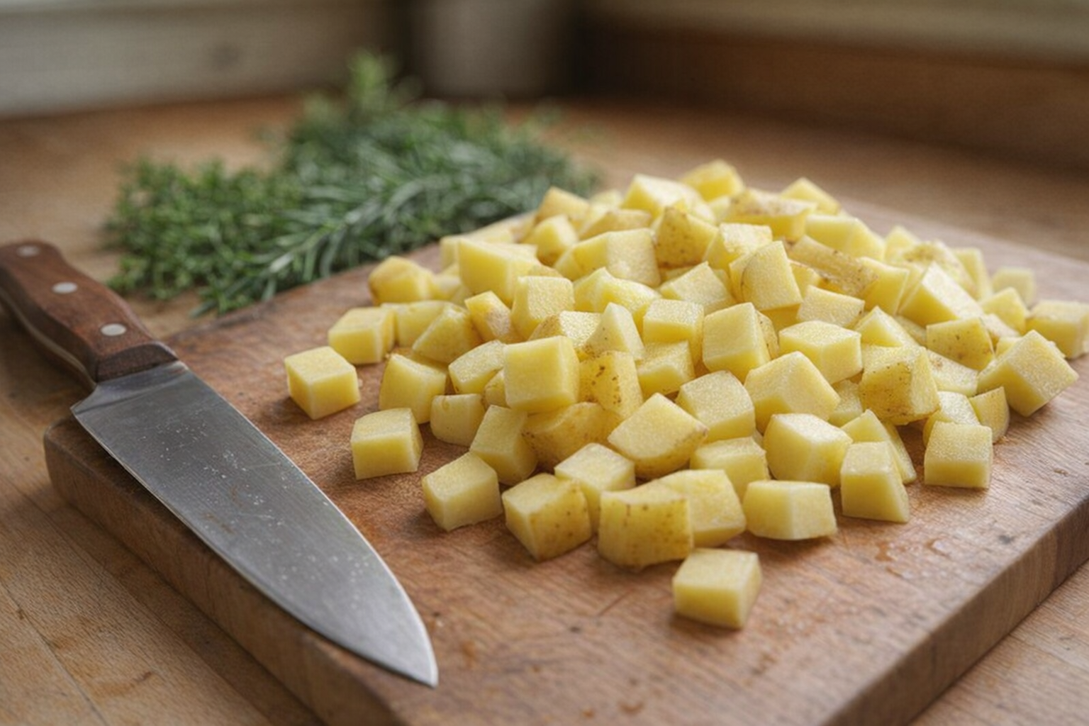 Close-up of diced Yukon gold potatoes on a wooden cutting board next to a chef's knife, raw herbs in the background